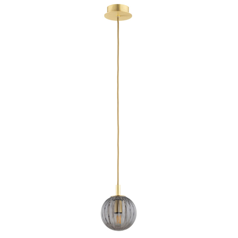 12cm smoked glass sphere pendant light with brass fitting and cord, unlit.