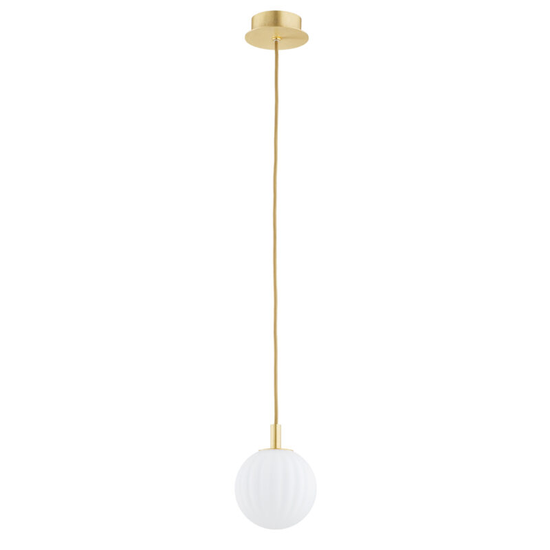 12cm white opal glass sphere pendant lamp with brass fitting and cord, unlit.