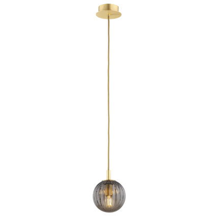 12cm smoked glass sphere pendant light with brass fitting and cord, lit.