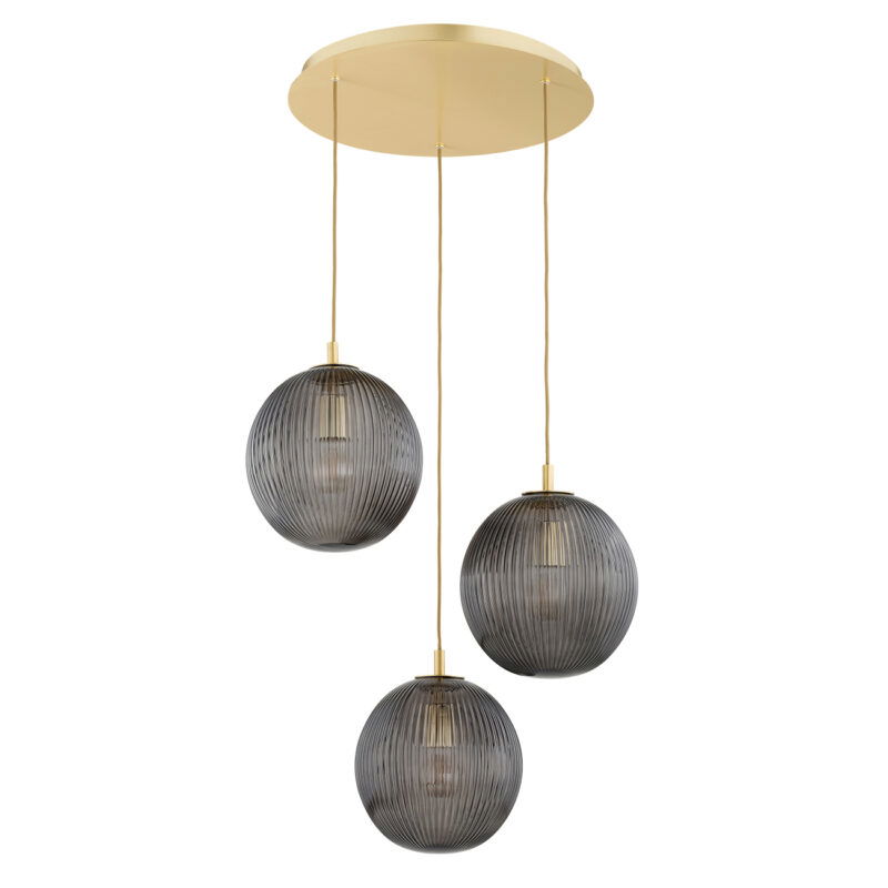 Three smoked ribbed glass shades on brass frame against white background.