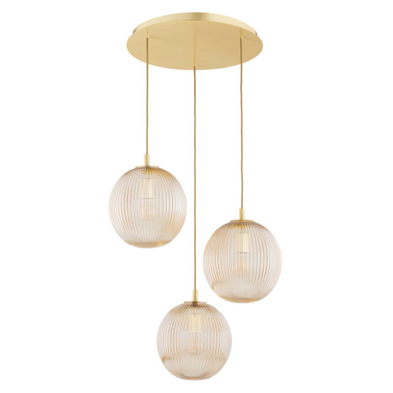 Three-light brass pendant with honey lister glass shades unlit, spanning 55 centimeters showing full product details.
