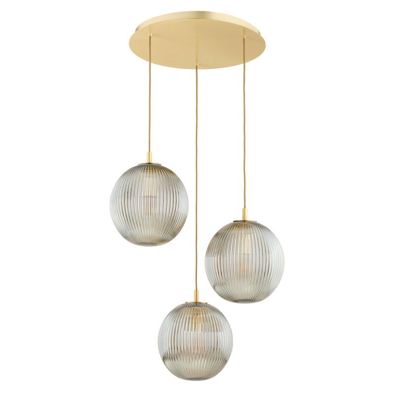 Loma 3 Lamp Pendant Light Brass Grey Ribbed Glass 55cm with three unlit grey ribbed glass shades and brass frame.