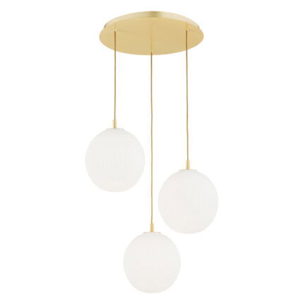 Loma 3 Lamp Pendant Light with three lit opal glass shades on brass frame, displaying warm light through matt glass.