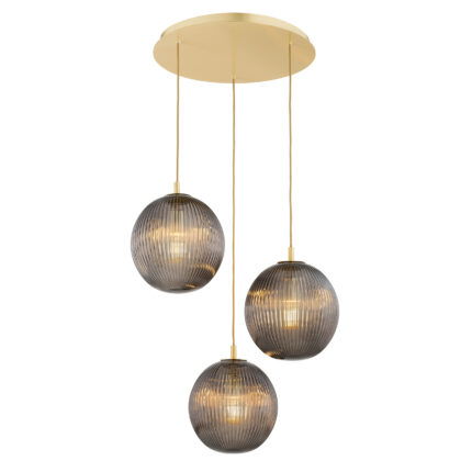 Three illuminated smoked ribbed glass shades on brass frame against white background.