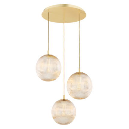 Three-light brass pendant with illuminated honey lister glass shades, spanning 55 centimeters showing warm light output.