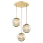 Loma 3 Lamp Pendant Light, Brass, Grey Ribbed Glass, 55cm