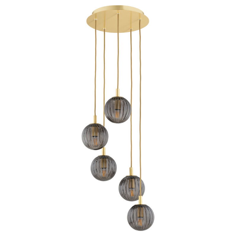 Unlit brass pendant featuring five smoked glass shades arranged at different heights within 34 centimeter span.