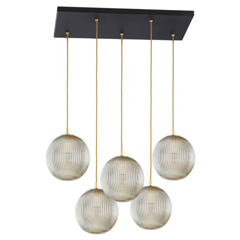 Unlit five light pendant with smoky grey glass shades and black metal frame, displaying full 80 centimeter span and structural details.