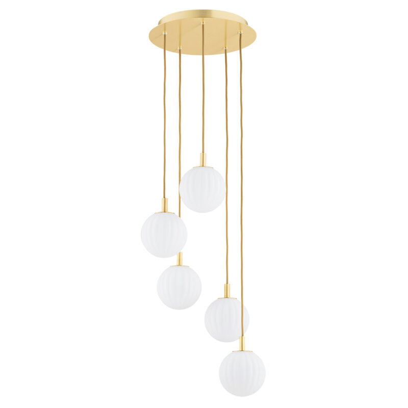 Five unlit matt opal glass shades with ribbed texture on brass fixtures hanging at varying heights, spanning 34 centimeters width.