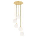 Loma Multi Drop 5 Lamp Pendant Light, Brass, Matt Opal Glass, 34cm