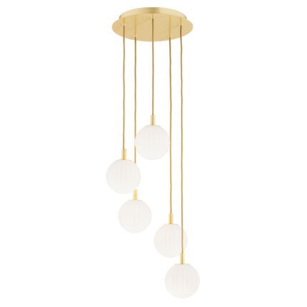 Five illuminated matt opal glass shades with ribbed texture glowing warmly on brass fixtures, hanging at varying heights across 34 centimeters.