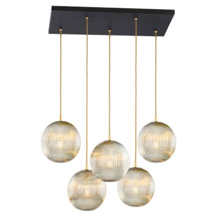ive illuminated glass dome shades glowing warmly on black metal frame, spanning 80 centimeters with light diffusing through grey glass.