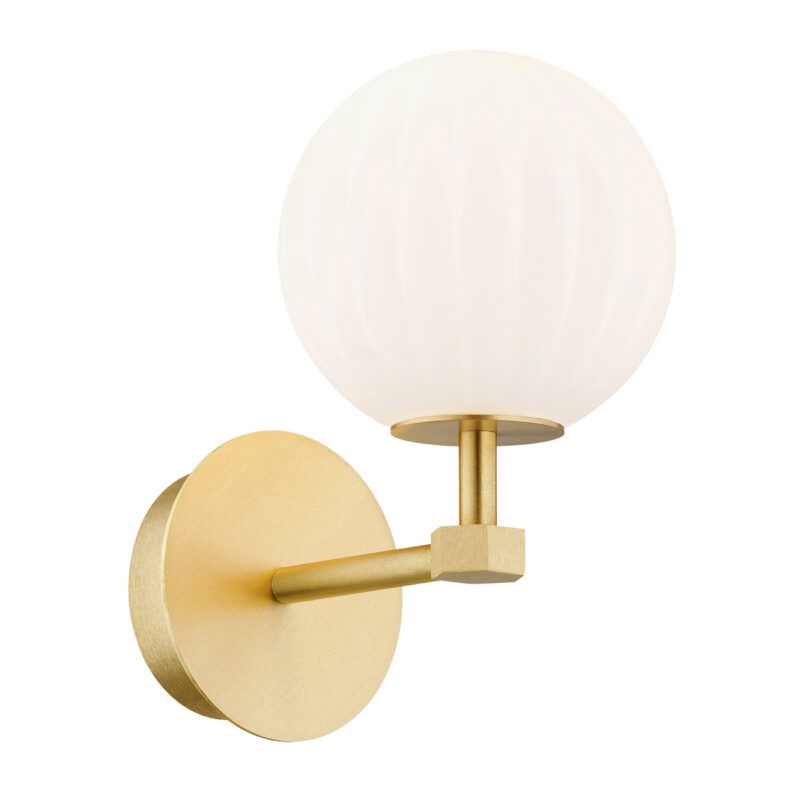 Left side view of illuminated wall light with brass body and matt opal ribbed glass shade.