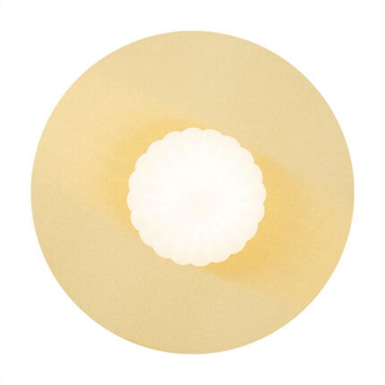 Front view of illuminated circular wall light with brass frame and opal glass shade.