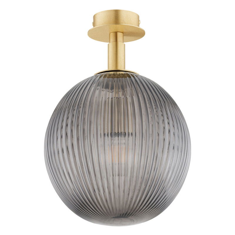 Front view of a 25cm semi flush mount light with translucent grey-tinted smoked glass sphere shade and single light bulb mounting.