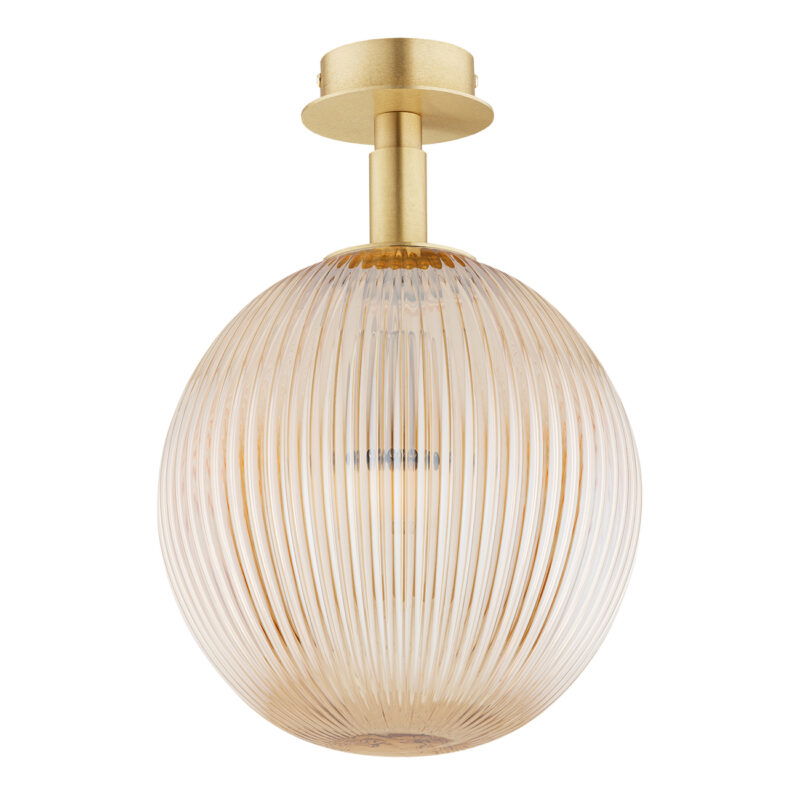 Front view of a 25cm semi flush ceiling light with amber-tinted honey glass sphere shade and single light bulb.