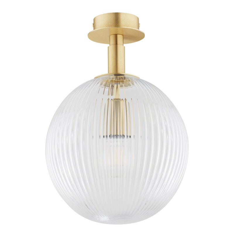 Front view of a 25cm semi flush ceiling light with transparent glass sphere shade and single light bulb mounting.