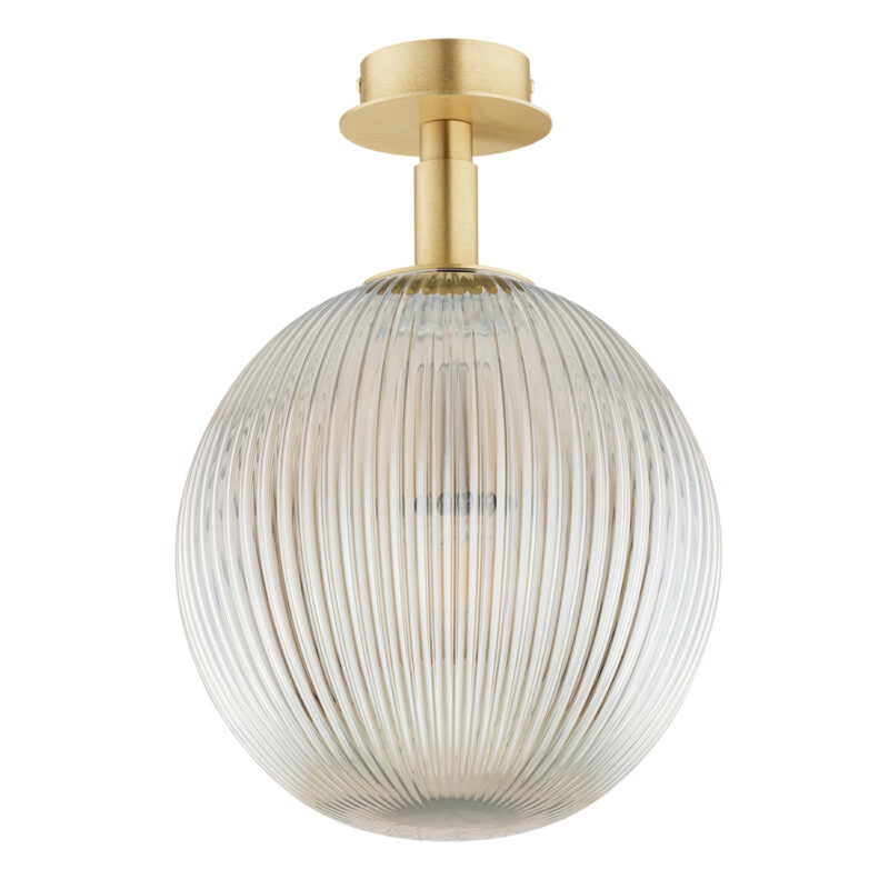 Front view of a 25cm semi flush ceiling lamp with a round grey glass shade and single light bulb mounting.