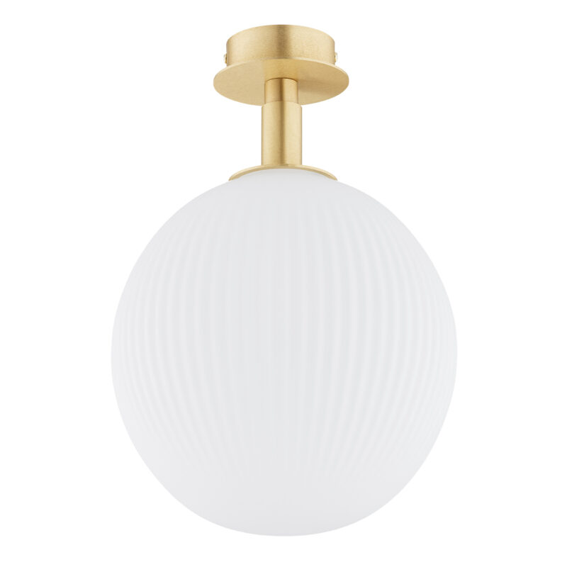 Front view of a 25cm semi flush ceiling light with milky white opal glass sphere shade and single light bulb mounting.