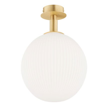 Front view of lit Loma ceiling light showing illuminated single bulb through 25cm opal white glass shade creating soft diffused glow.