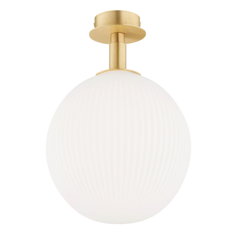 Front view of lit Loma ceiling light showing illuminated single bulb through 25cm opal white glass shade creating soft diffused glow.