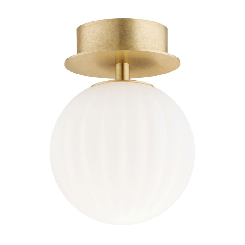 Ceiling-mounted flush light with brass trim and illuminated opal glass shade, 12cm diameter.