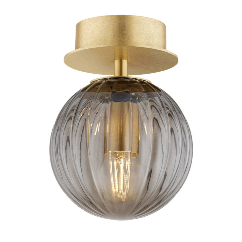 Front view of lit Loma Mini flush light showing illuminated single bulb through 12cm smoked glass sphere.