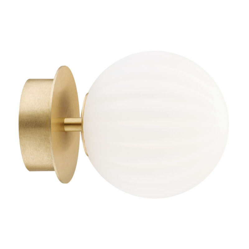 Wall mounted flush light with brass rim and round opal glass shade.