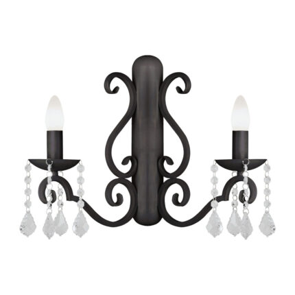 Black Dema wall light with crystal glass droplets and two upward candle holders.