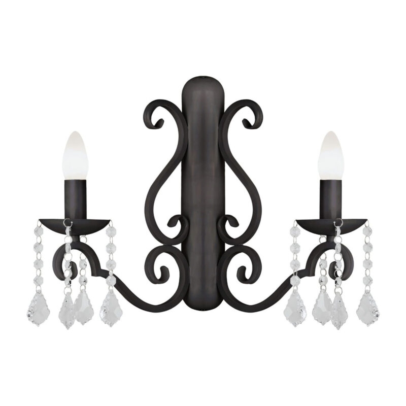 Black Dema wall light with crystal glass droplets and two upward candle holders.