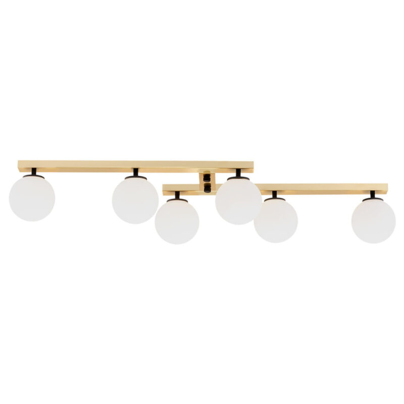 Emont 6-light ceiling track with opal glass shades on intersecting brushed brass bars.
