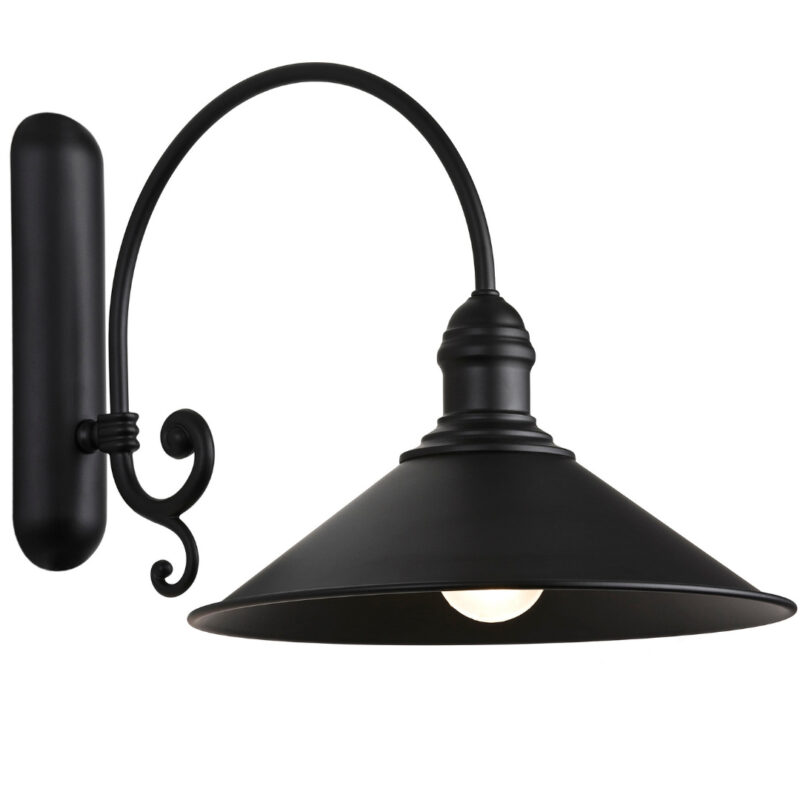 Terba matt black wall light with curved swan neck arm and fluted cone shade.