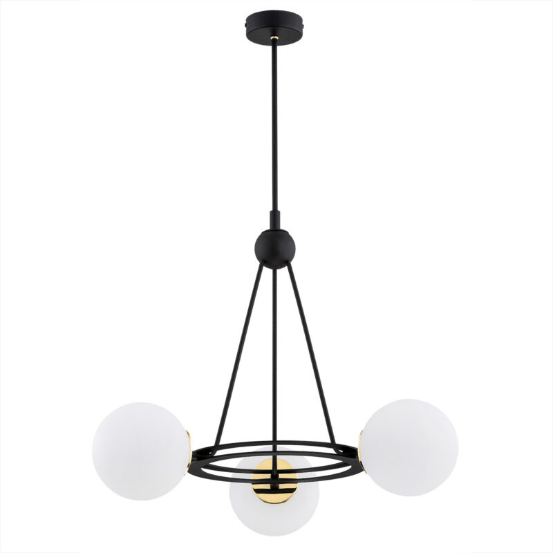Alternate angle of Malfia chandelier in black and brass with opal glass globes, 56cm.