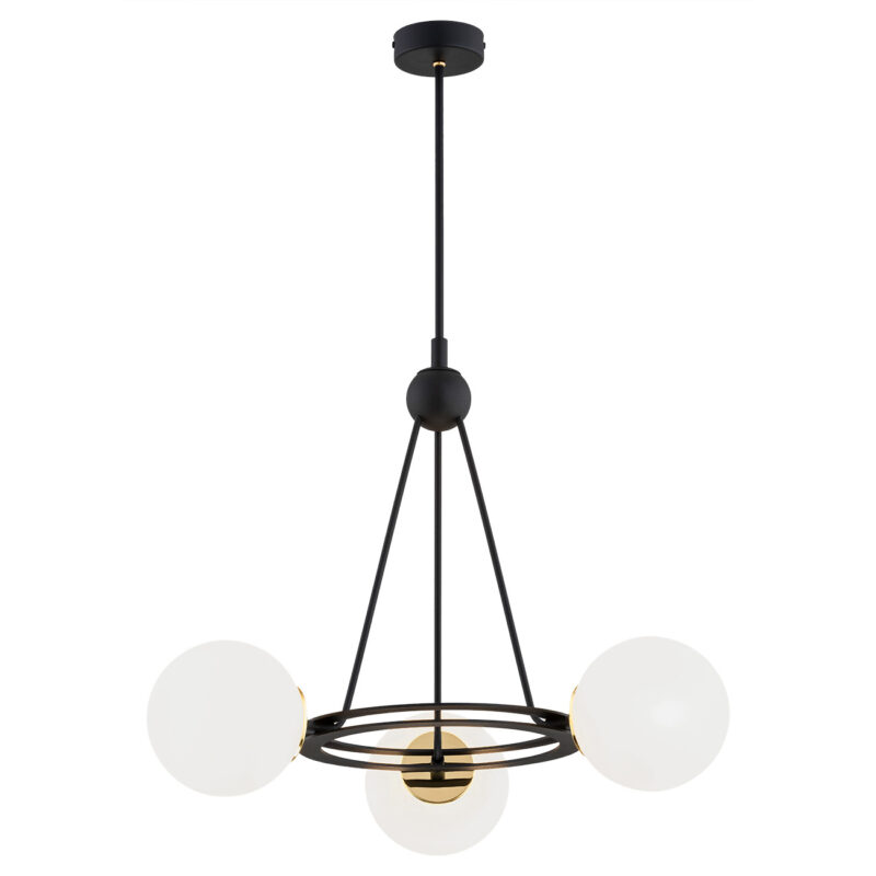 Malfia chandelier with black frame, brass accents and three opal glass globes, 56cm wide.