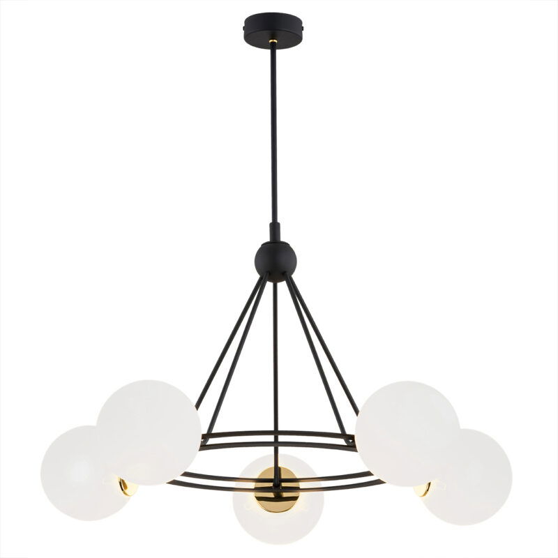 Malfia 5-light chandelier with black frame, brass accents and five opal glass globes, 71cm wide.
