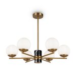 Marble 6 Lamp Chandelier, Brass Metal, Opal Glass, 67cm Wide