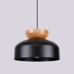 Meryn Pendant Lamp, Black Metal & Natural Wood, 1 Light, 29.5cm Diameter