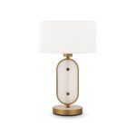 Marmo Alabaster Table Lamp, Brass Metal, White Fabric Shade, 44cm Height