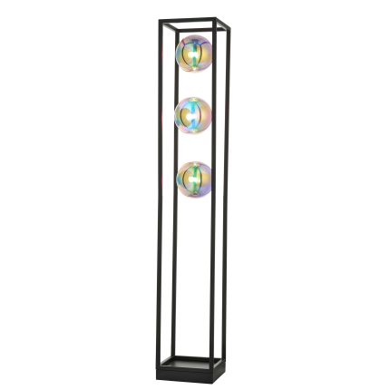 View against a white background, shows the Ubique Floor Lamp with a black rectangular frame and glass shades.