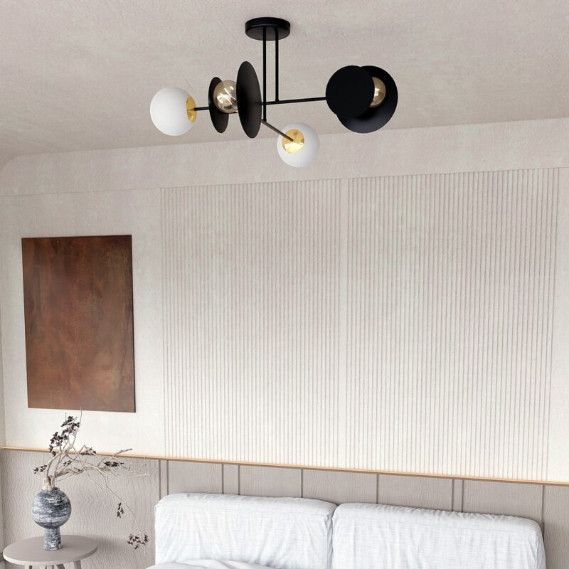 Merva black ceiling lamp with open metal covers and lamp holders visible.