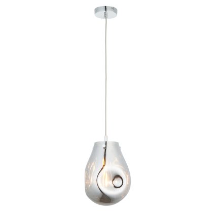 Full view of the Wisp Pendant Light, medium size, in metallic chrome and glass, measuring 22cm, hanging against a white background.