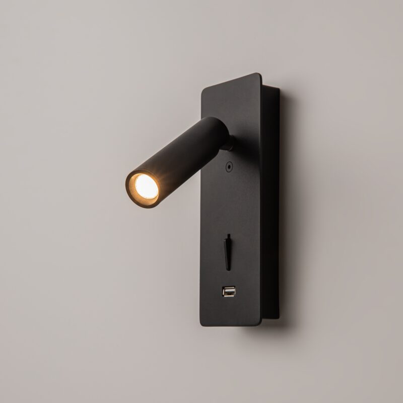 Mirax Rectangle Black LED Wall Spotlight, USB Port, Switched, 3W, 3000K, 7cm Wide