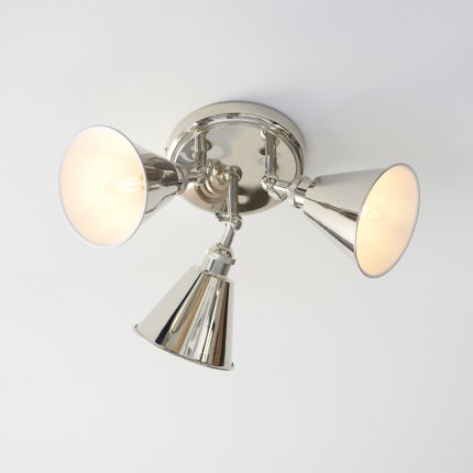 Direct upward view image from below of the Alia Ceiling Spotlight Lamp, showing its polished nickel finish, and three-bulb structure.