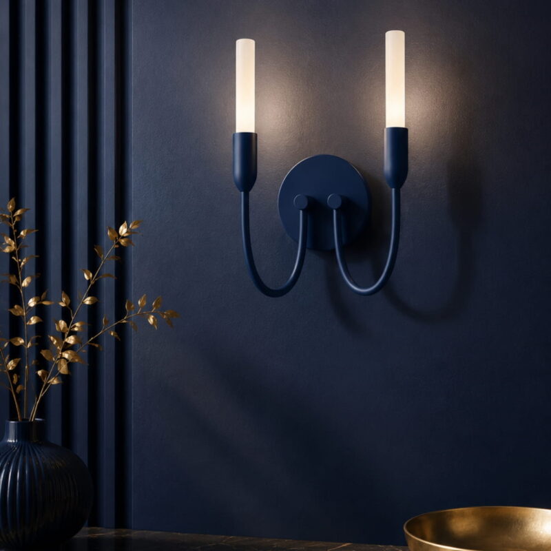 Argust Navy Blue Wall Light, 2 Lamp, Steel, White Glass Shades, 21cm Wide