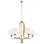 Nello Chandelier 5 Light, Old Gold, White Fabric Shades, 78cm