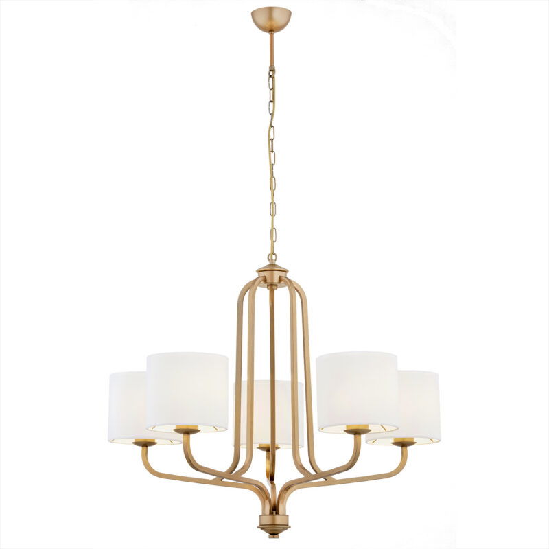 Nello chandelier with old gold frame and five white round shades.