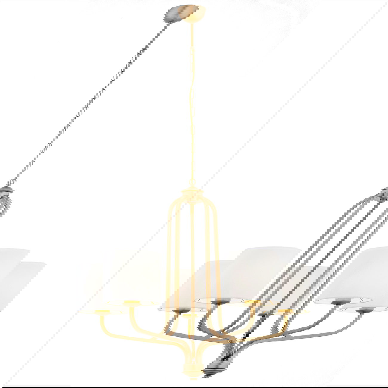 AL1H8R4V6 - Main Image - Nello 5 Light Chandelier Nello chandelier with old gold frame and five white round shades.