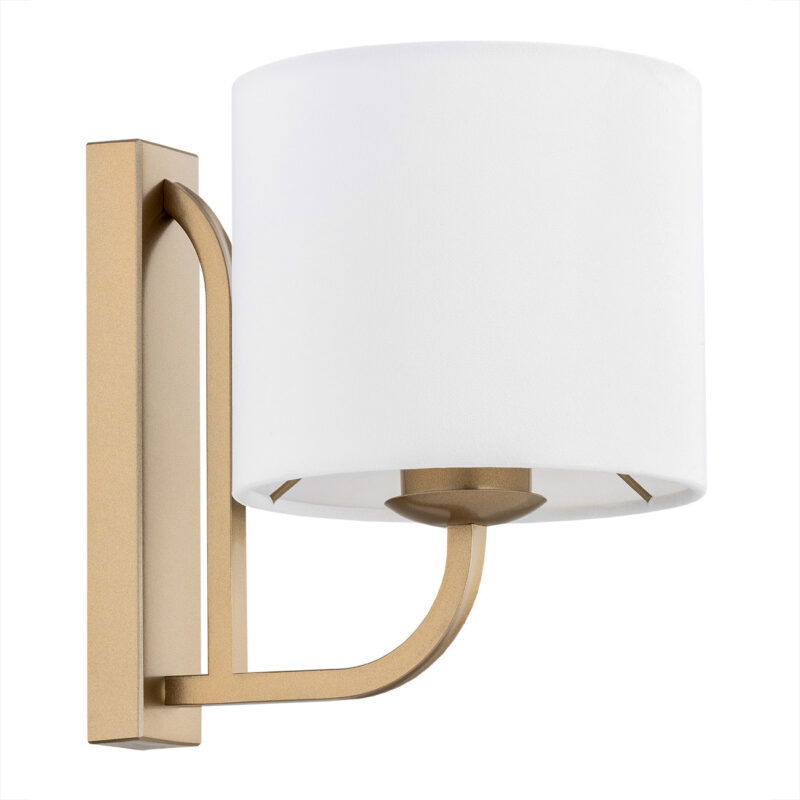 Side view of Nello wall lamp showing old gold arm and white shade.