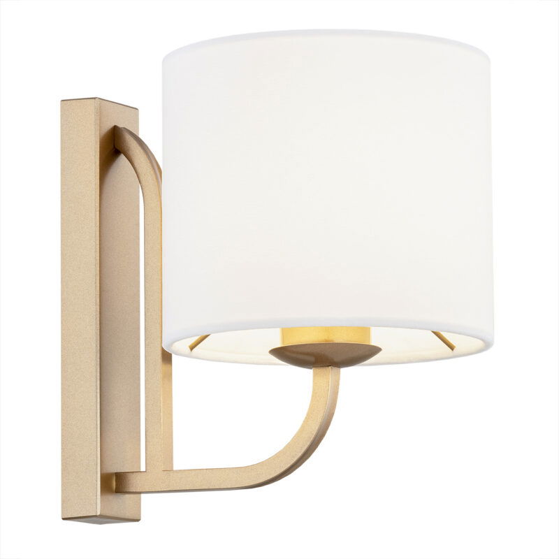 Nello wall lamp with old gold mount and white round fabric shade.