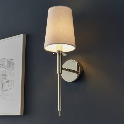 Zoomed in upward view from below of the Lilt Wall Lamp, Polished Nickel, White Fabric Shade.